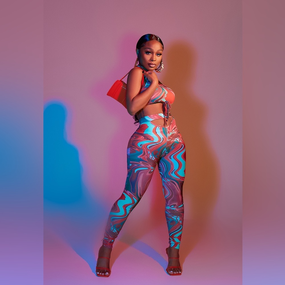 Red Abstract Print Rib Crop Top & Petite Cut Out Waist Leggings